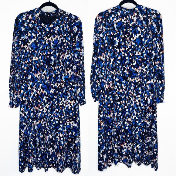 Maggy London Raglan Long Sleeve Crew Neck Blue Speckled Print Blouson Midi Dress - Picture 2 of 14